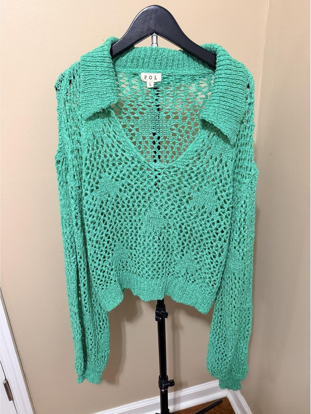 POL Green Open Knit Crochet Sweater Size Large Boho Beachy Lightweight Pullover